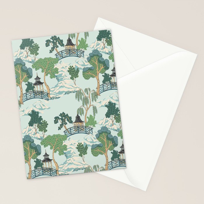 Vintage Chinoiserie Summer Pagoda Bridge Garden Landscape Stationery Card Gallery Image 2