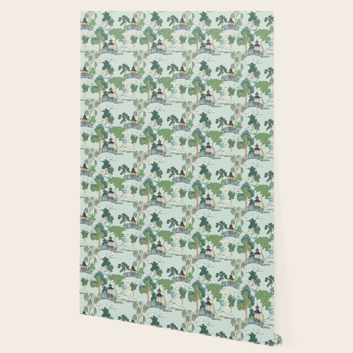 Vintage Chinoiserie Summer Pagoda Bridge Garden Landscape Wallpaper Gallery Image 2