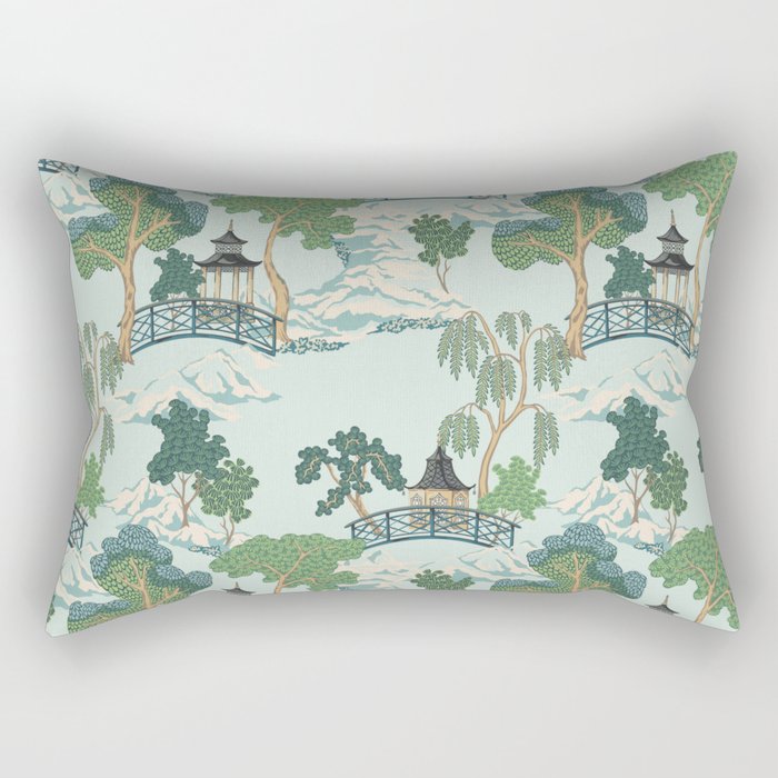 Vintage Chinoiserie Summer Pagoda Bridge Garden Landscape Rectangular Pillow Gallery Image 1