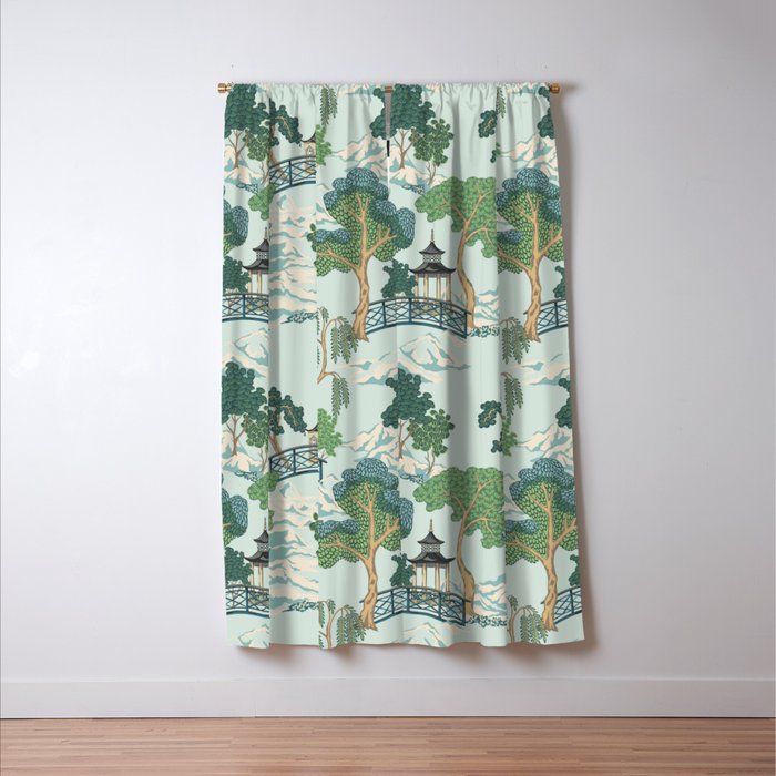 Vintage Chinoiserie Summer Pagoda Bridge Garden Landscape Window Curtain Gallery Image 3