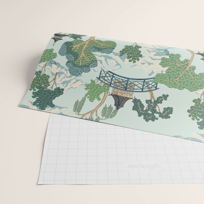 Vintage Chinoiserie Summer Pagoda Bridge Garden Landscape Wrapping Paper Gallery Image 2
