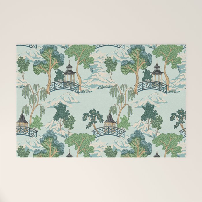 Vintage Chinoiserie Summer Pagoda Bridge Garden Landscape Welcome Mat Gallery Image 1