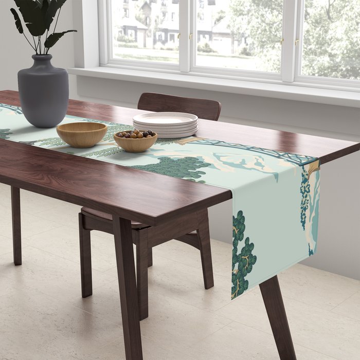 Vintage Chinoiserie Summer Pagoda Bridge Garden Landscape Table Runner Gallery Image 2