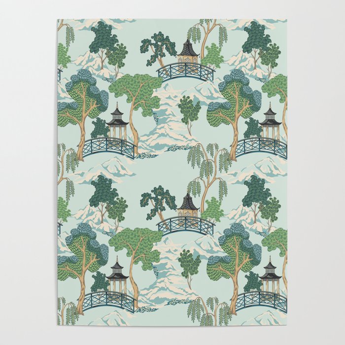 Vintage Chinoiserie Summer Pagoda Bridge Garden Landscape Poster Gallery Image 1