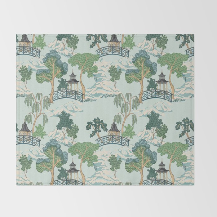 Vintage Chinoiserie Summer Pagoda Bridge Garden Landscape Throw Blanket Gallery Image 2