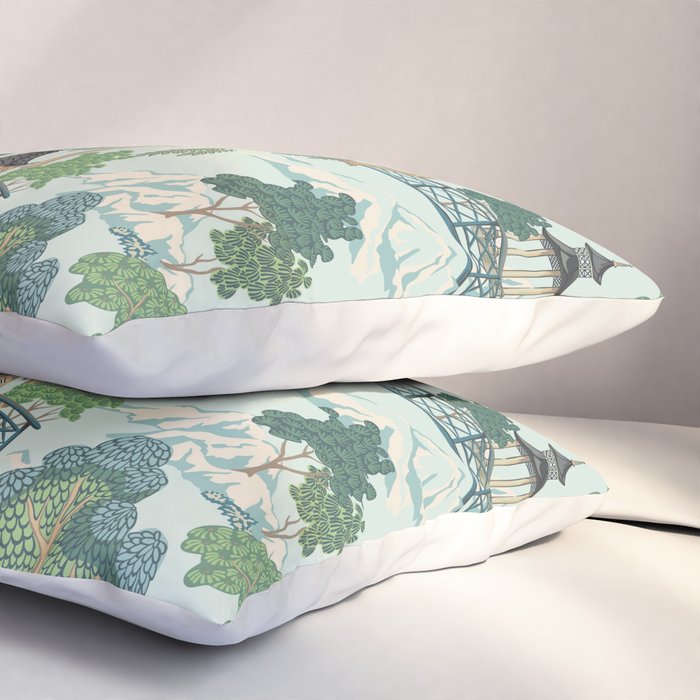 Vintage Chinoiserie Summer Pagoda Bridge Garden Landscape Pillow Sham Gallery Image 3