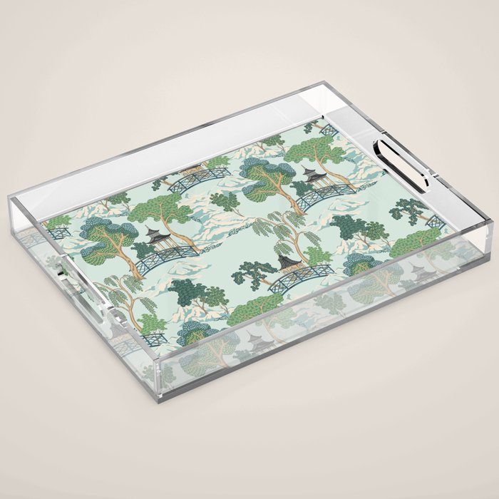 Vintage Chinoiserie Summer Pagoda Bridge Garden Landscape Acrylic Tray Gallery Image 1