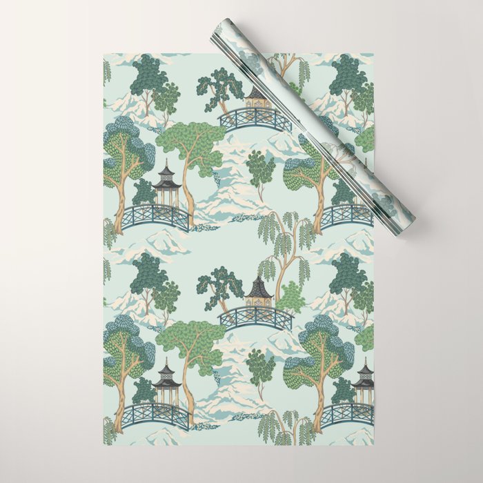Vintage Chinoiserie Summer Pagoda Bridge Garden Landscape Wrapping Paper Gallery Image 1