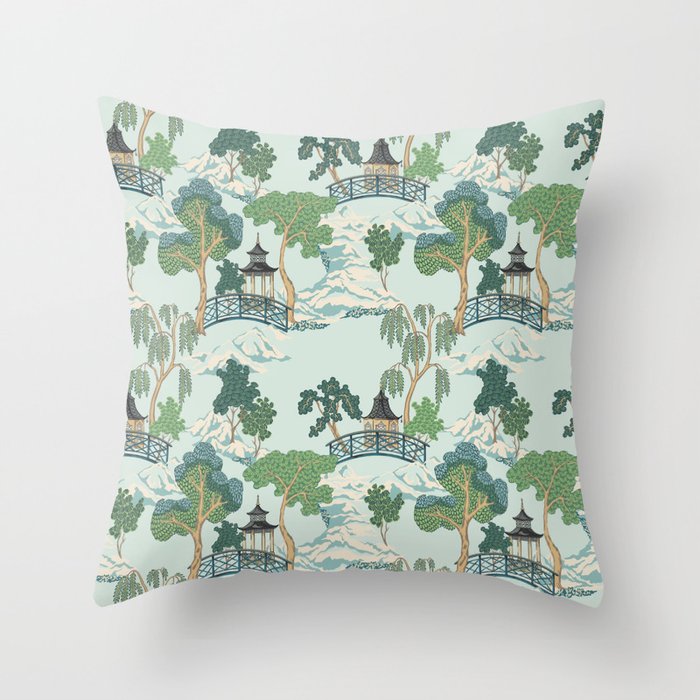 Vintage Chinoiserie Summer Pagoda Bridge Garden Landscape Throw Pillow Gallery Image 6