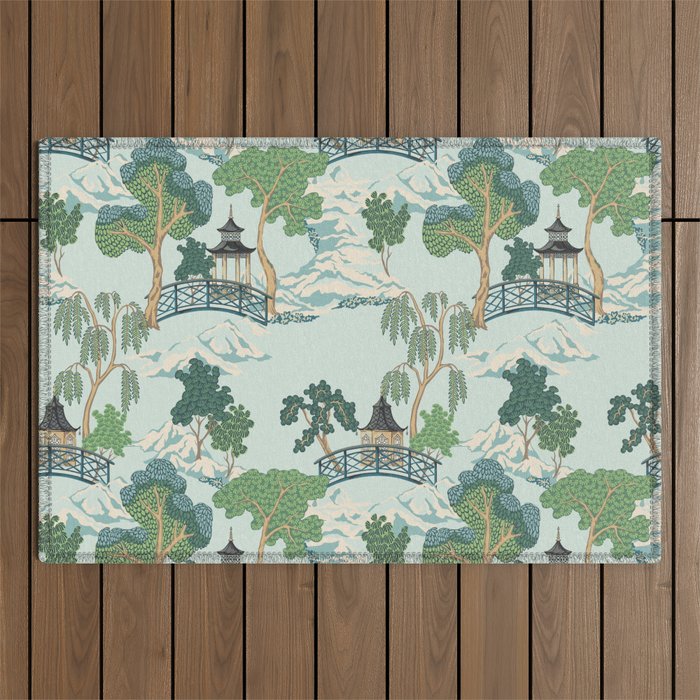 Vintage Chinoiserie Summer Pagoda Bridge Garden Landscape Outdoor Rug Gallery Image 1