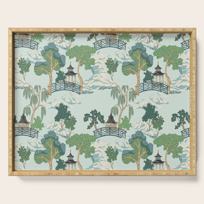 Vintage Chinoiserie Summer Pagoda Bridge Garden Landscape Serving Tray Gallery Image 1