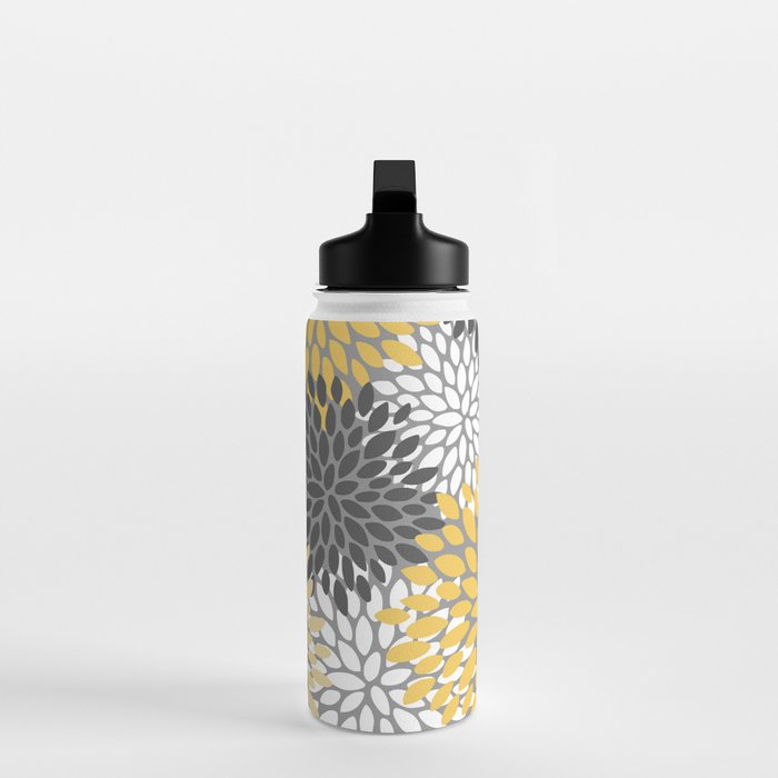 Modern Flowers Print, Yellow, White and Charcoal Grey Water Bottle Gallery Image 3