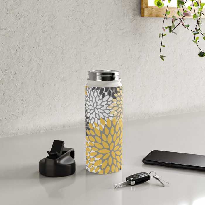 Modern Flowers Print, Yellow, White and Charcoal Grey Water Bottle Gallery Image 4