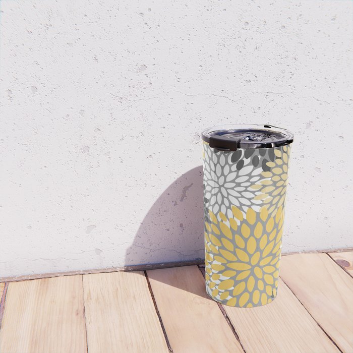 Modern Flowers Print, Yellow, White and Charcoal Grey Travel Mug Gallery Image 4