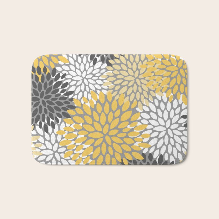 Modern Flowers Print, Yellow, White and Charcoal Grey Bath Mat Gallery Image 1