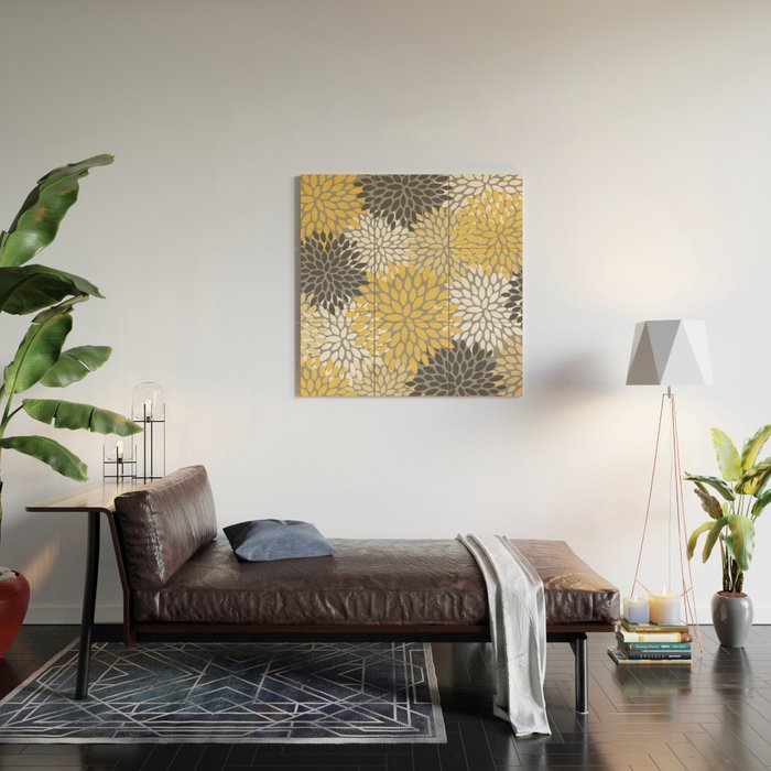 Modern Flowers Print, Yellow, White and Charcoal Grey Wood Wall Art Gallery Image 2