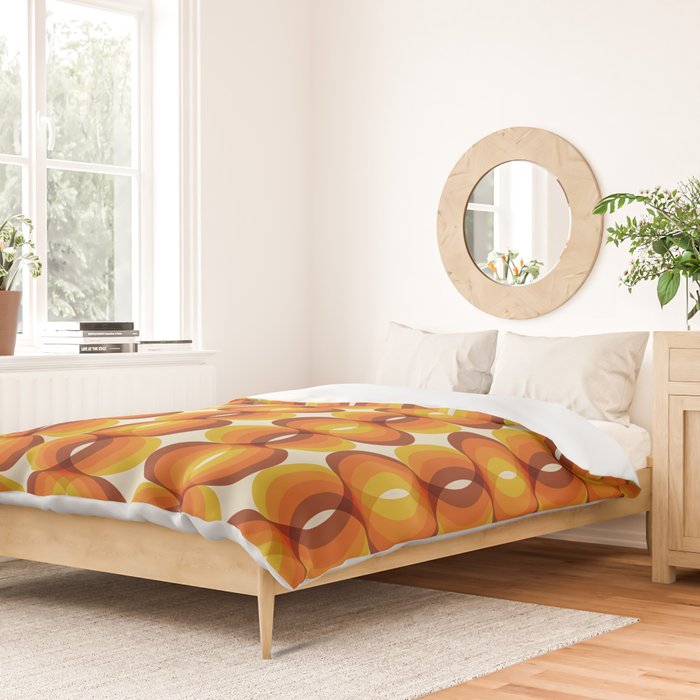 Orange, Brown, and Ivory Retro 1960s Wavy Pattern Duvet Cover Gallery Image 2