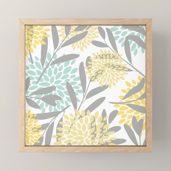 Floral Prints, Leaves and Blooms, Gray, Yellow and Aqua Mini Art Print Gallery Image 1