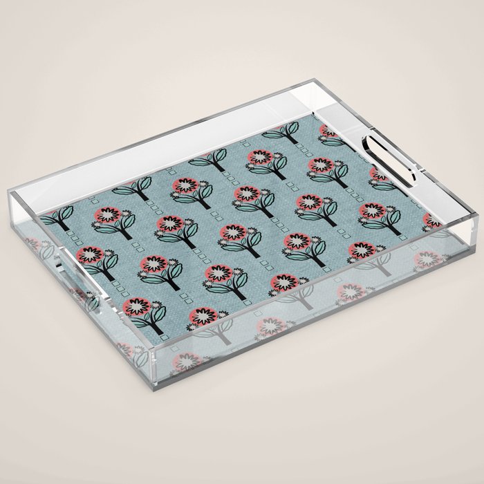 Blockprint Blooms on light blue Acrylic Tray Gallery Image 1