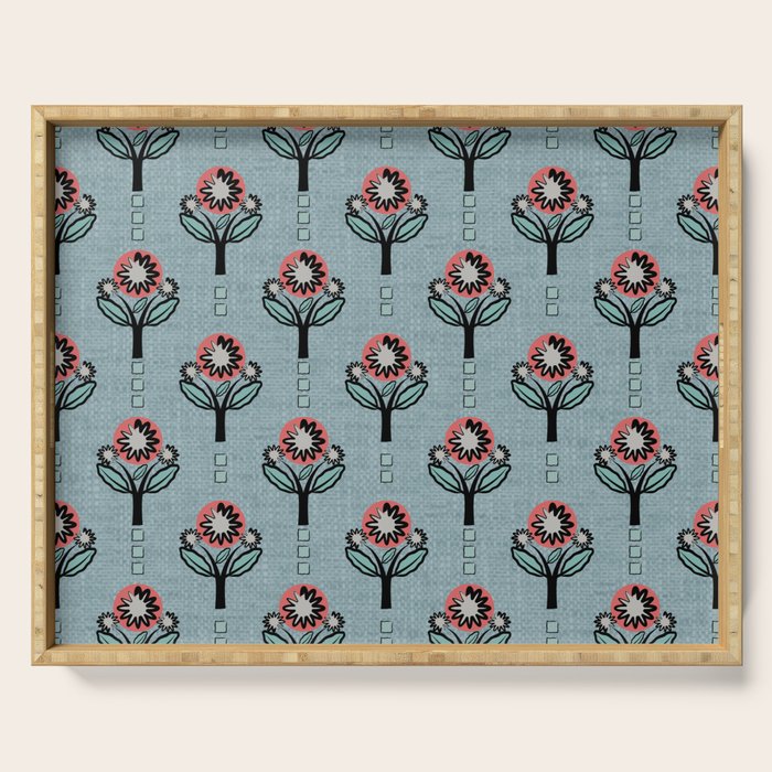 Blockprint Blooms on light blue Serving Tray Gallery Image 1