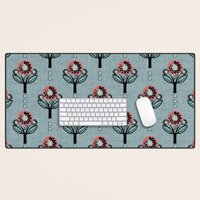 Blockprint Blooms on light blue Desk Mat Gallery Image 1