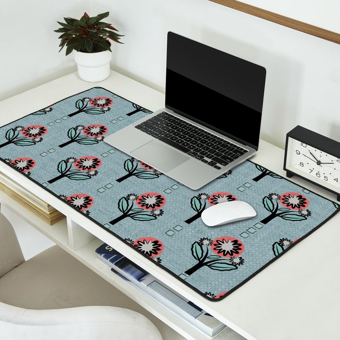 Blockprint Blooms on light blue Desk Mat Gallery Image 2