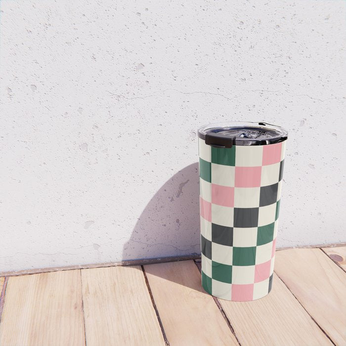 Checker racing stripes - green pink Travel Mug Gallery Image 4