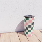 Checker racing stripes - green pink Travel Mug Gallery Image 4