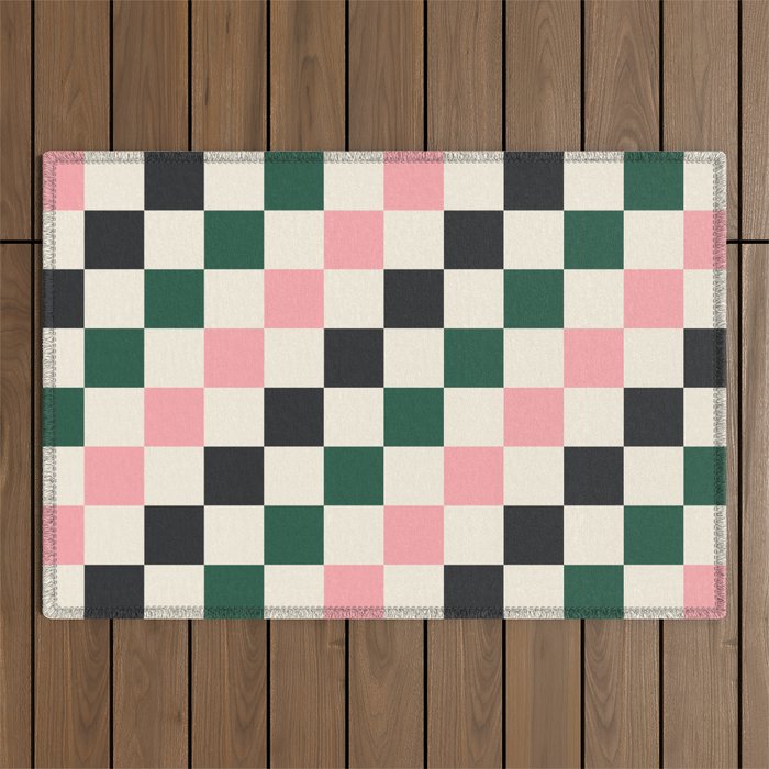 Checker racing stripes - green pink Outdoor Rug Gallery Image 1