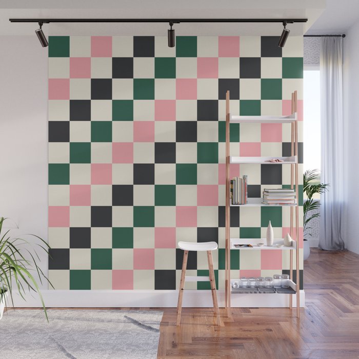 Checker racing stripes - green pink Wall Mural Gallery Image 1