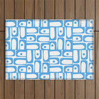 Mid Century Modern Piquet Abstract Multi Geometric Pattern Blue and White  Outdoor Rug Gallery Image 1