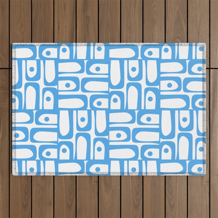 Mid Century Modern Piquet Abstract Multi Geometric Pattern Blue and White  Outdoor Rug Gallery Image 1