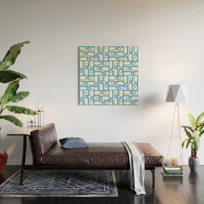 Mid Century Modern Piquet Abstract Multi Geometric Pattern Blue and White  Wood Wall Art Gallery Image 2