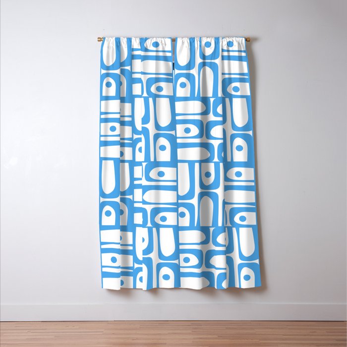 Mid Century Modern Piquet Abstract Multi Geometric Pattern Blue and White  Window Curtain Gallery Image 3