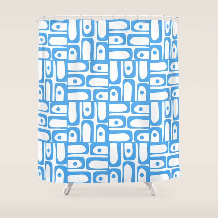 Mid Century Modern Piquet Abstract Multi Geometric Pattern Blue and White  Shower Curtain Gallery Image 1