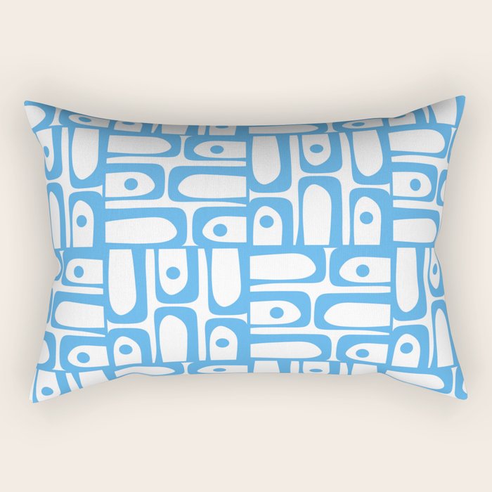 Mid Century Modern Piquet Abstract Multi Geometric Pattern Blue and White  Rectangular Pillow Gallery Image 2