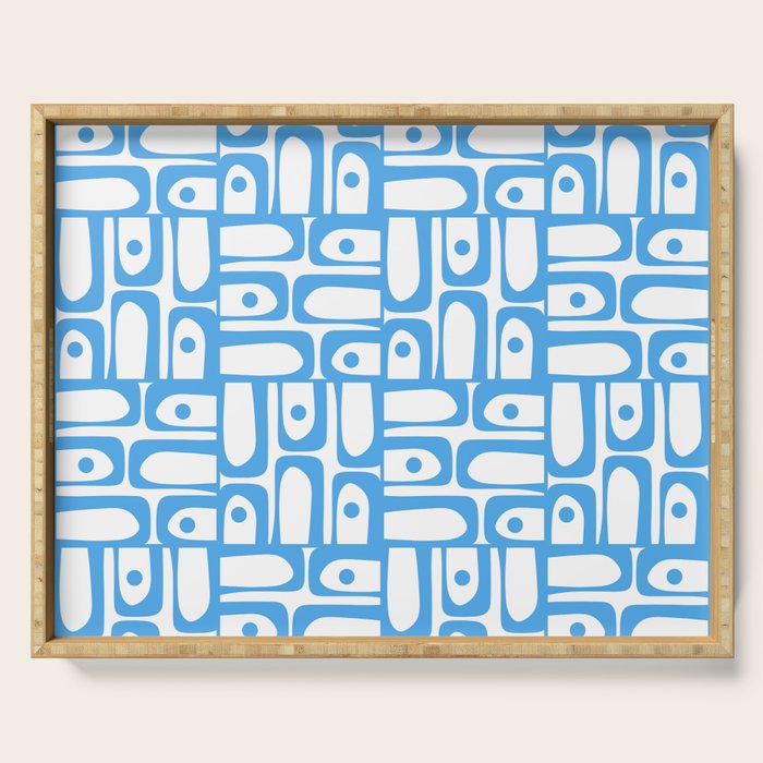 Mid Century Modern Piquet Abstract Multi Geometric Pattern Blue and White  Serving Tray Gallery Image 1