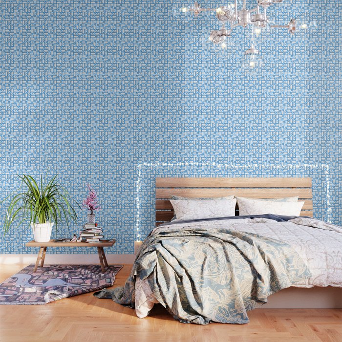 Mid Century Modern Piquet Abstract Multi Geometric Pattern Blue and White  Wallpaper Gallery Image 3