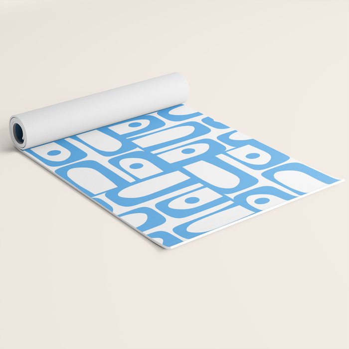 Mid Century Modern Piquet Abstract Multi Geometric Pattern Blue and White  Yoga Mat Gallery Image 2