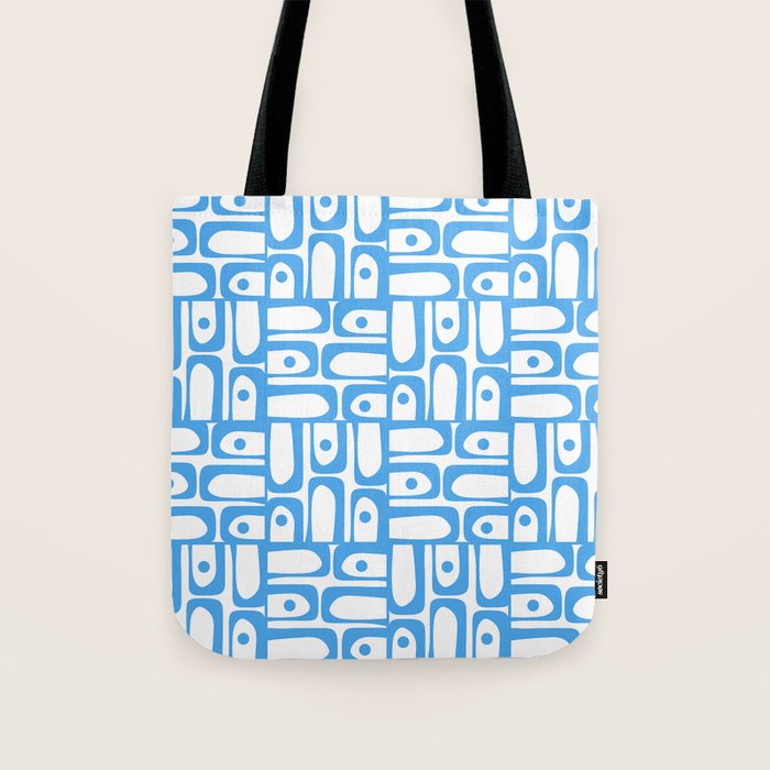 Mid Century Modern Piquet Abstract Multi Geometric Pattern Blue and White  Tote Bag Gallery Image 1