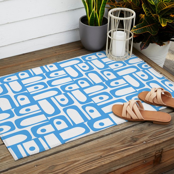 Mid Century Modern Piquet Abstract Multi Geometric Pattern Blue and White  Outdoor Rug Gallery Image 2