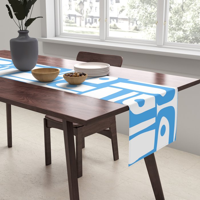 Mid Century Modern Piquet Abstract Multi Geometric Pattern Blue and White  Table Runner Gallery Image 2