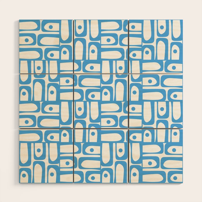 Mid Century Modern Piquet Abstract Multi Geometric Pattern Blue and White  Wood Wall Art Gallery Image 1