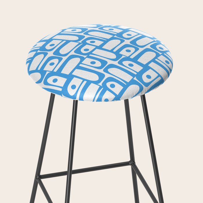 Mid Century Modern Piquet Abstract Multi Geometric Pattern Blue and White  Stool Gallery Image 2