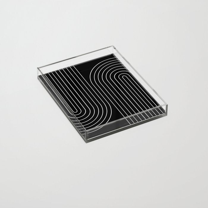 Minimal Line Curvature II Black and White Mid Century Modern Arch Abstract Acrylic Tray Gallery Image 2