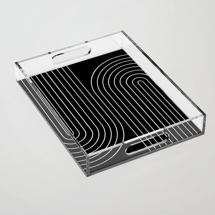 Minimal Line Curvature II Black and White Mid Century Modern Arch Abstract Acrylic Tray Gallery Image 1