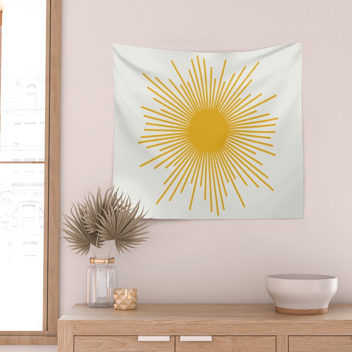 Mustard Yellow Retro Sun on Off White Wall Tapestry Gallery Image 2