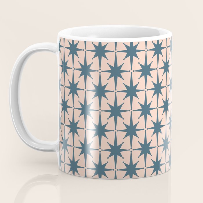 Mid Century Modern Atomic Stars Steel Teal Blue and Pale Blush Pink Pattern Coffee Mug Gallery Image 3
