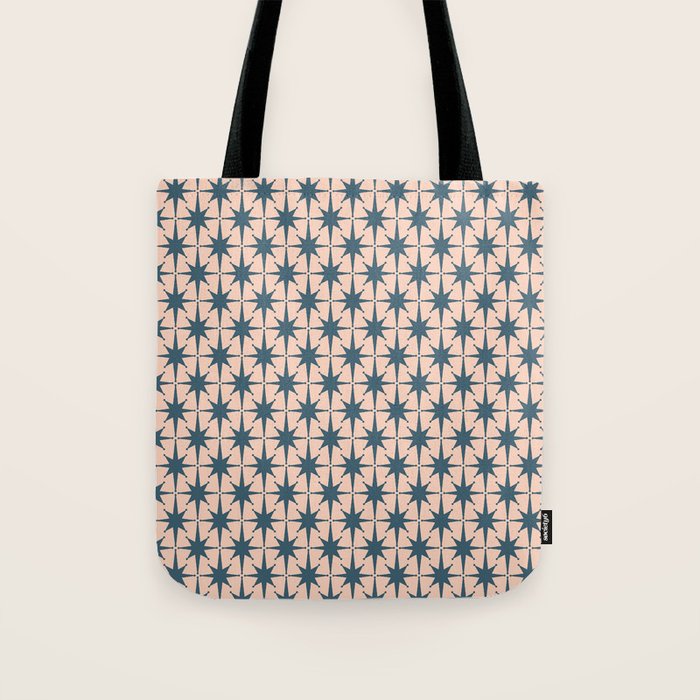 Mid Century Modern Atomic Stars Steel Teal Blue and Pale Blush Pink Pattern Tote Bag Gallery Image 1