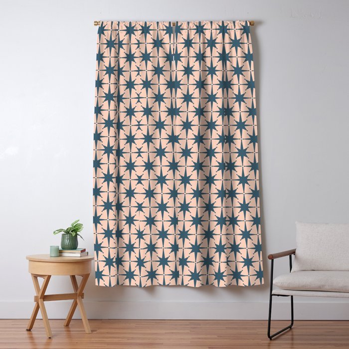 Mid Century Modern Atomic Stars Steel Teal Blue and Pale Blush Pink Pattern Window Curtain Gallery Image 5